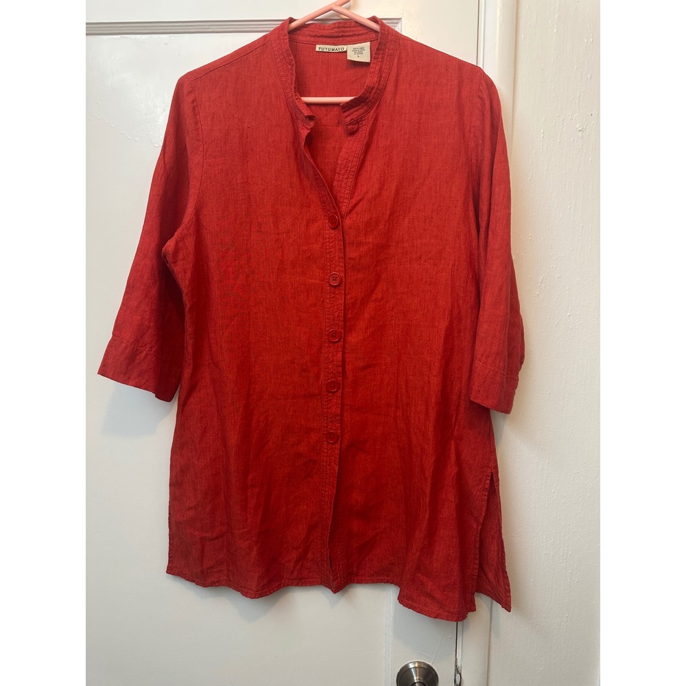 Putumayo Womens Red 100% Linen Mandarin Collar Button Down Tunic Top Size L